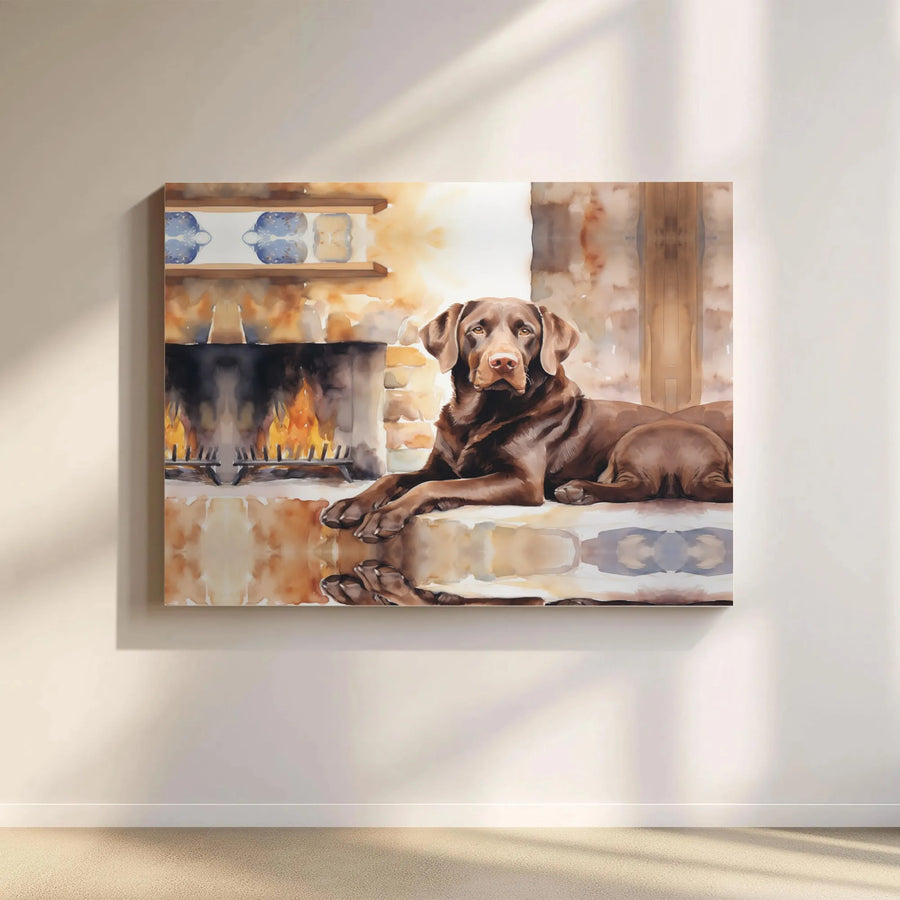 Chocolate Labrador Canvas Wall Art | Cozy Fireplace Watercolor Portrait | Premium Gallery Wrap | Gift for Dog Lover & Rustic Home Decor