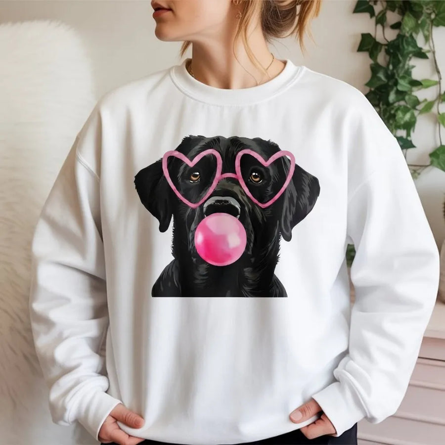 Black Labrador Sweatshirt | Cute Dog With Heart Glasses Bubble Gum | Premium Cotton Blend | Funny Dog Mom Gift For Her