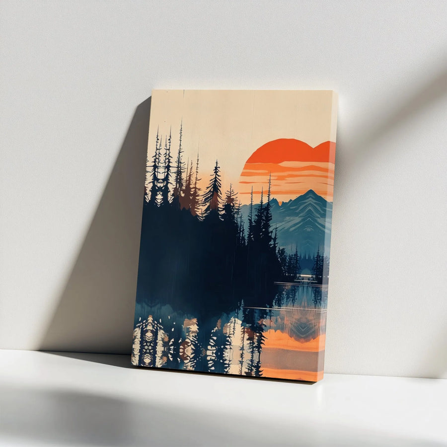 Mountain Forest Canvas Print | Retro Sunset with Lake Reflection | Premium Gallery Wrap Wall Art | Modern Cabin & Home Decor Gift