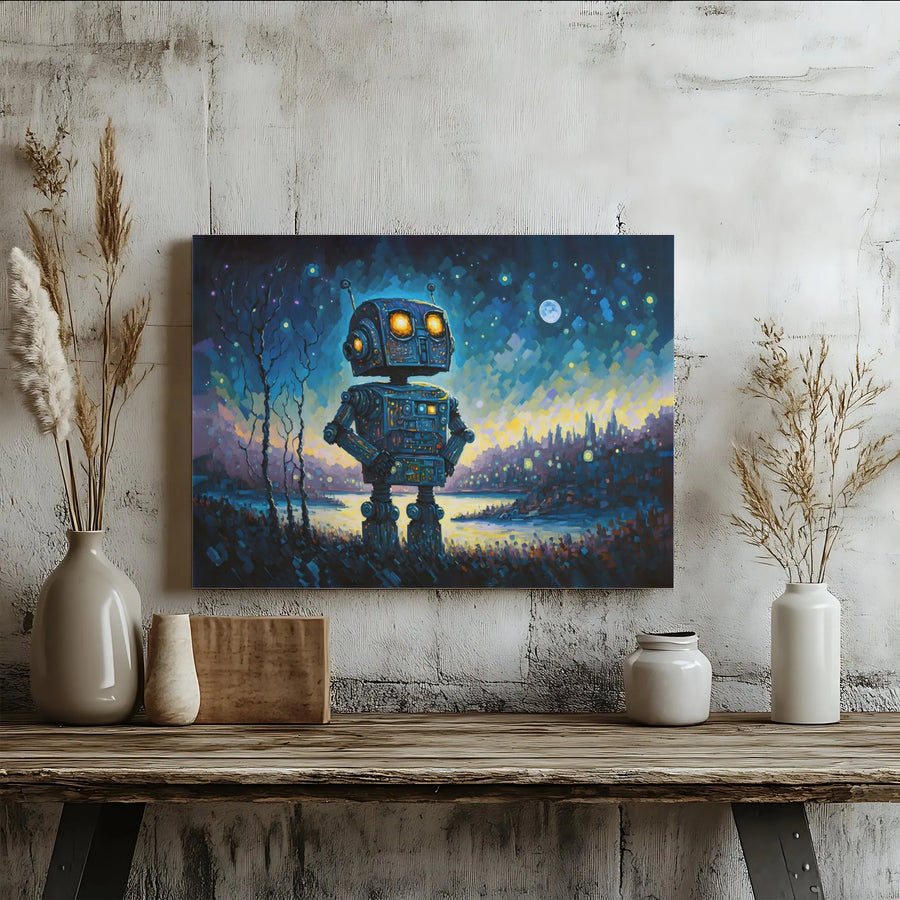 Retro Robot Wall Art | Impressionist Night Cityscape Canvas | Premium 1.25" Gallery Wrap | Unique Sci-Fi Home Office Decor Gift