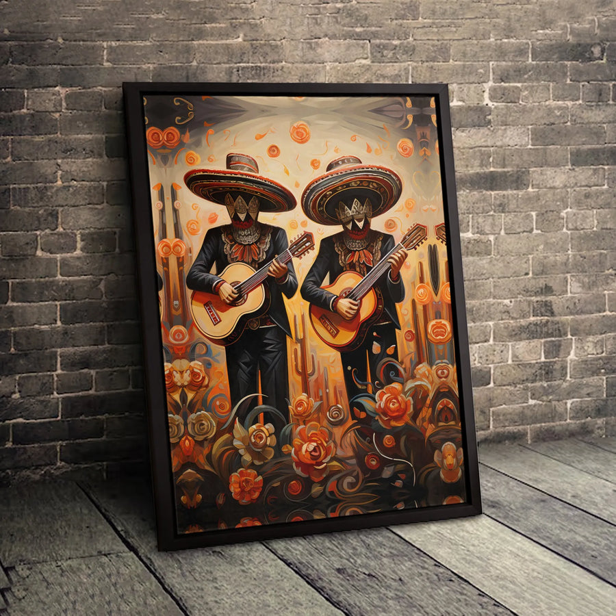 Dia De Los Muertos Mariachi Canvas Art | Skeleton Musicians With Roses | Gallery Quality 1.25 Inch Thick Wrap | Mexican Folk Art Wall Decor