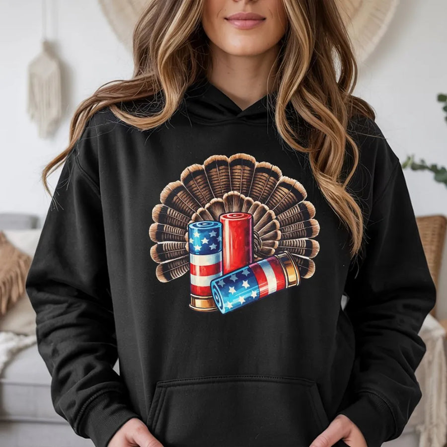 Patriotic Turkey Hunting Hoodie | American Flag Shotgun Shells & Feather Fan Graphic | Comfortable Cotton Blend | Gift for Hunter