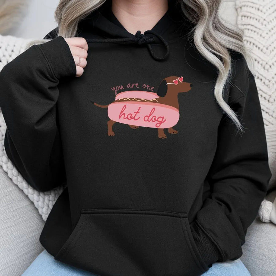 Funny Dachshund Hoodie | 'You Are One Hot Dog' Wiener Dog Pun | Cozy Cotton-Blend Sweatshirt | Cute Valentine's Day Gift for Dog Lovers