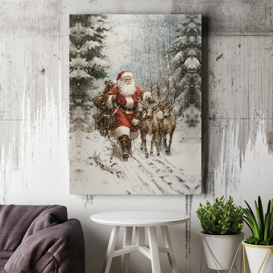 Vintage Santa Claus Canvas Art | Snowy Forest Reindeer Print | Premium 1.25" Gallery Wrap | Christmas Holiday Home Decor Gift