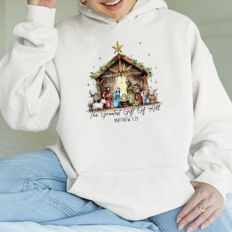 Nativity Scene Hoodie | The Greatest Gift Of All Christian Christmas Sweatshirt | Premium Cotton Blend | Religious Holiday Apparel Gift