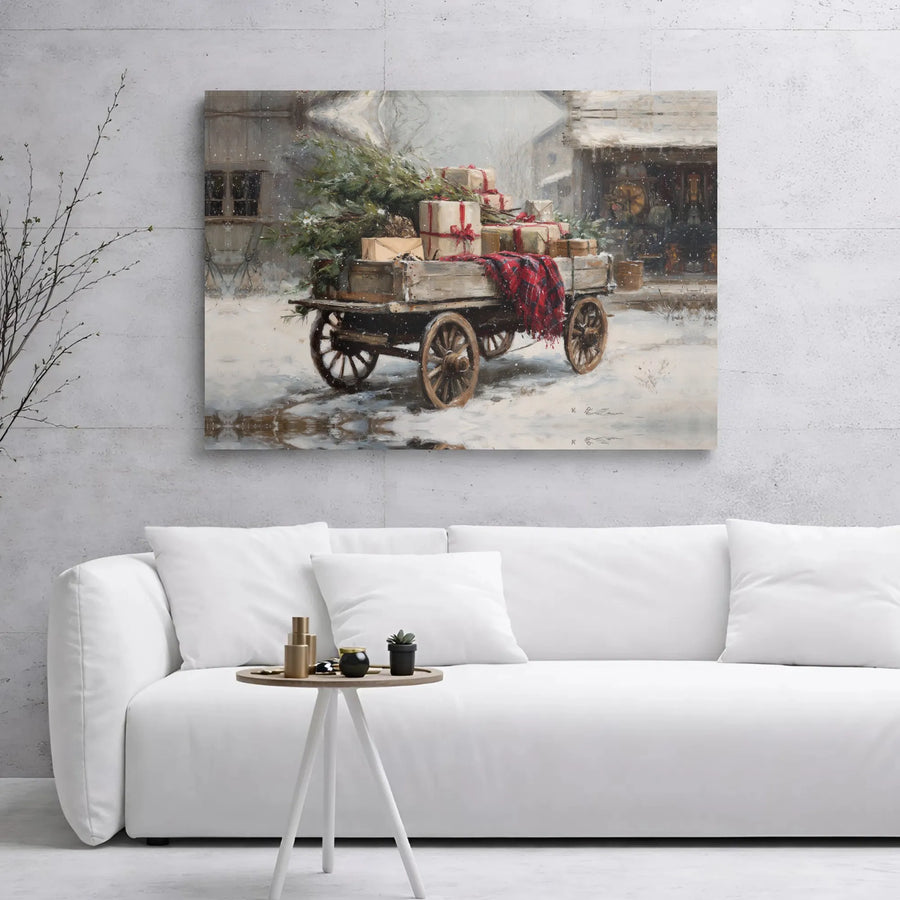 Vintage Christmas Farmhouse Canvas Art | Holiday Snow Scene with Wooden Wagon | Premium Gallery Wrap Decor | Festive Wall Art for Winter Home Decor