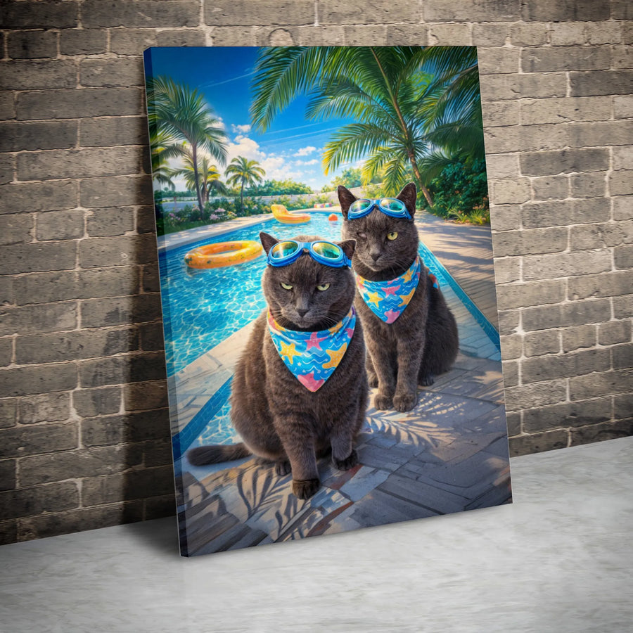 Funny Cat Canvas Wall Art | Two Cool Cats with Goggles by Pool | Premium Gallery Wrap Print | Unique Gift for Cat Lover Home Decor