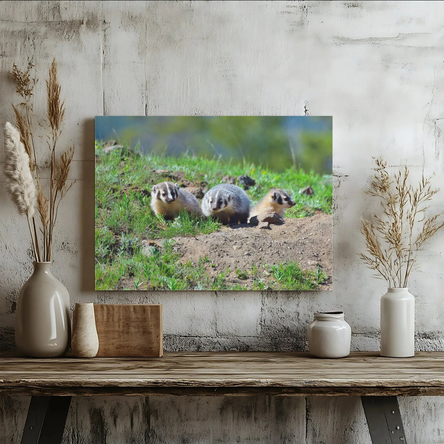 American Badger Cubs Wall Art | Three Wildlife Badger Pups in Meadow | Premium Gallery Wrapped Canvas | Nature Lover Home Decor Gift