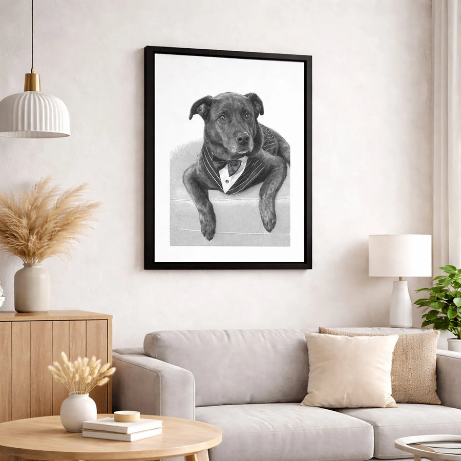 Dapper Dog Wall Art | Elegant Pinstripe Suit & Bow Tie Sketch | Premium Gallery-Wrapped Canvas | Sophisticated Pet Lover Gift Decor