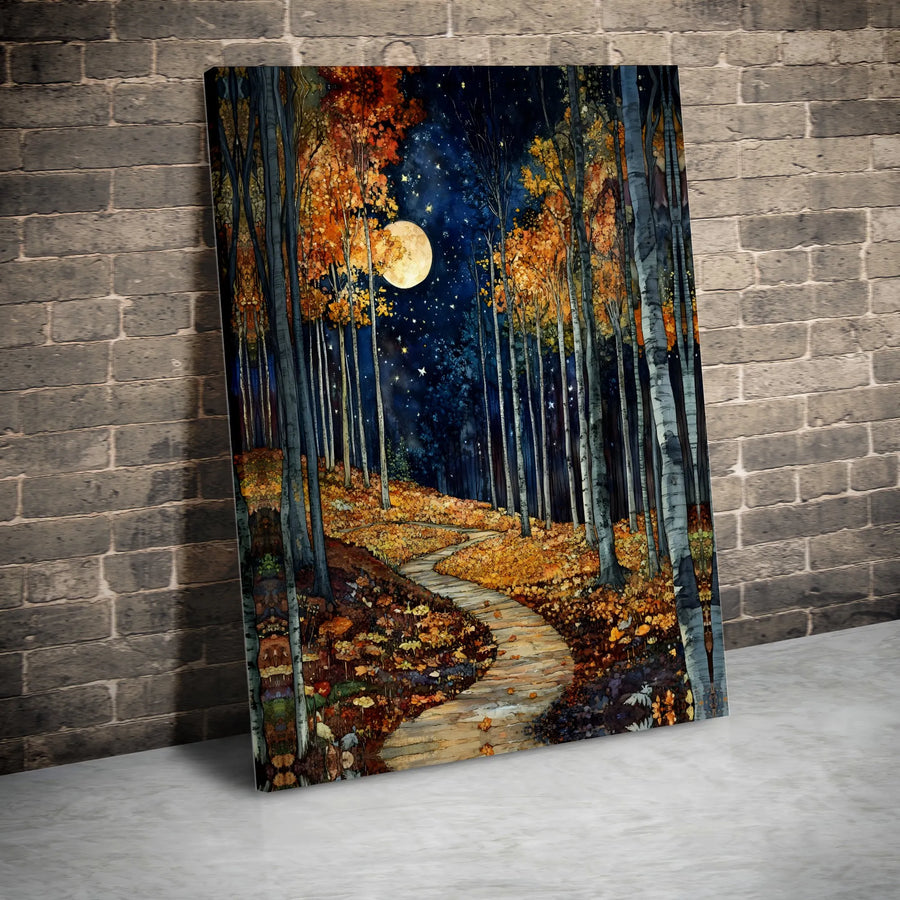 Autumn Forest Path Canvas Print | Full Moon Enchanted Woods Wall Art | Premium 1.25-Inch Gallery Wrap | Cozy Fall Home Decor Gift