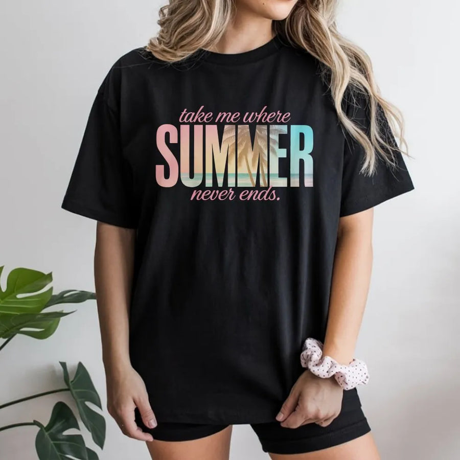 Summer Never Ends T-Shirt | Coastal Aesthetic Palm Tree Graphic | Premium Cotton Blend | Gift for Beach Lover