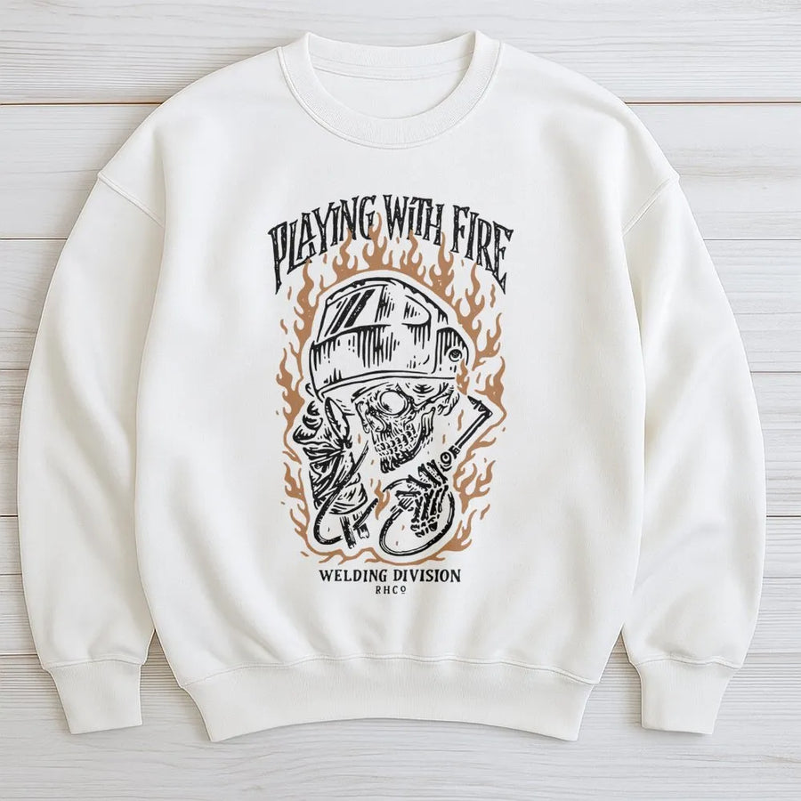 Welding Skull Sweatshirt | Playing With Fire Graphic Print | Premium Cotton Blend | Funny Mechanic Gift for Welder & Metalworker