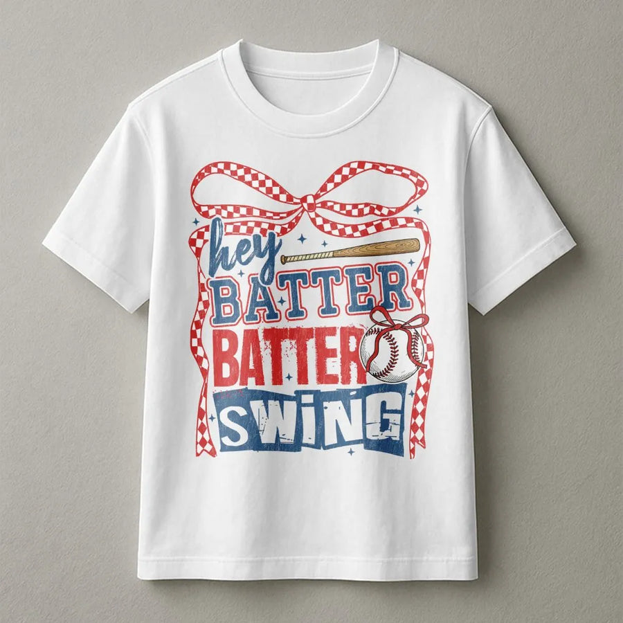 Hey Batter Batter Swing Baseball T-Shirt | Retro Coquette Bow Graphic Design | Premium Cotton Tee | Game Day Gift for Baseball Mom & Softball Fan