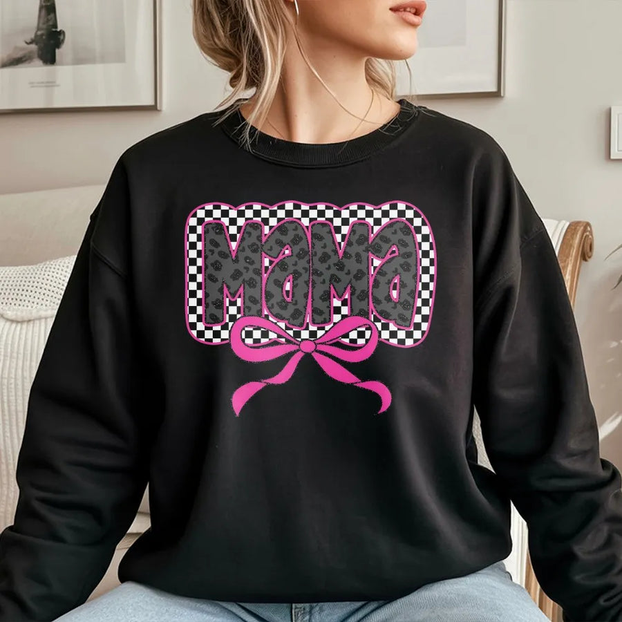 Coquette Mama Sweatshirt | Leopard Checkered Pink Bow Graphic | Premium Crewneck Pullover | Trendy Gift for New Mom