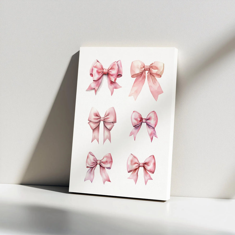 Watercolor Pink Bows Vertical Canvas | Aesthetic Bow Collage Print | Premium Gallery Wrap Canvas | Nursery Wall Decor Gift