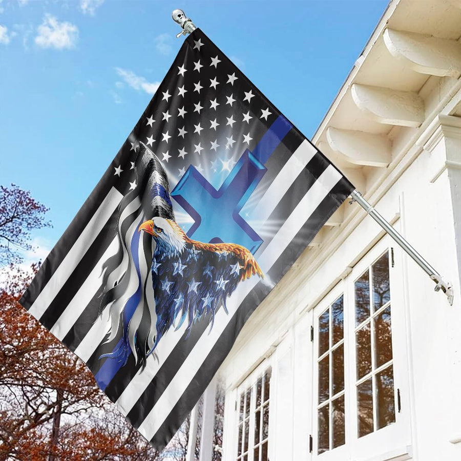 Thin Blue Line American Flag Garden Flag | Eagle With Cross Patriotic Art | Weather-Resistant Polyester Decor | Gift For Law Enforcement Families