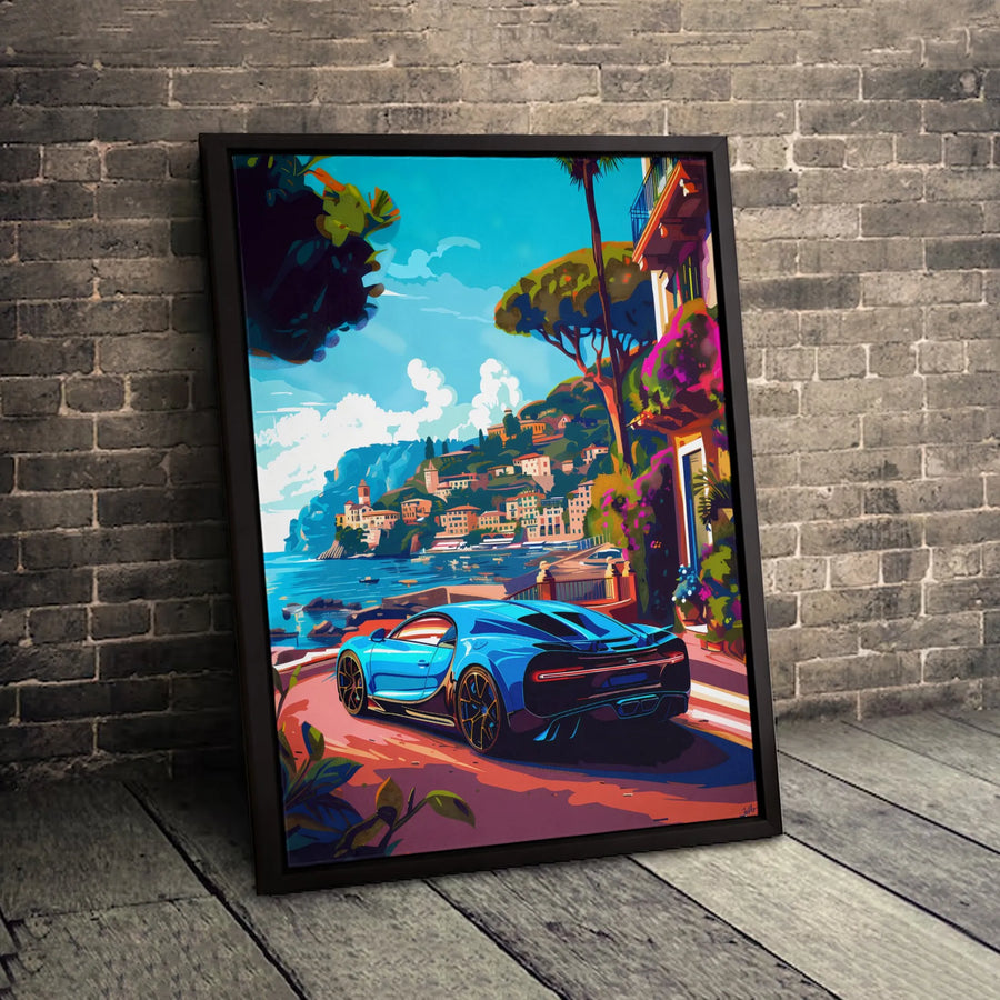 Luxury Sports Car Wall Art | Mediterranean Coastal Road Trip Illustration | Premium Gallery Wrapped Canvas | Gift for Car Enthusiasts