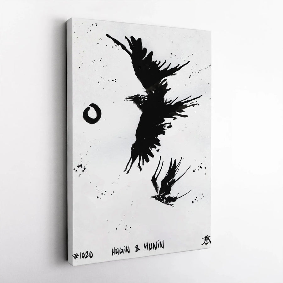 Hugin and Munin Canvas Print | Odin’s Ravens Japanese Ink Wash Style | Premium 1.25-inch Gallery Wrapped Art | Norse Mythology Wall Decor Gift
