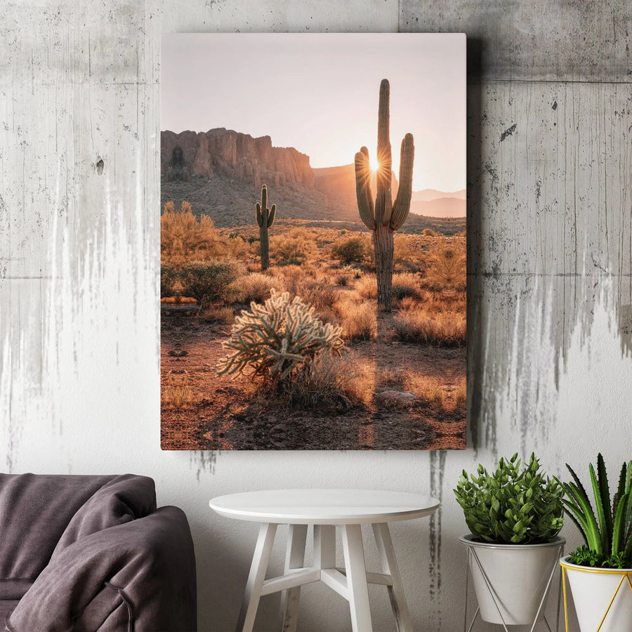 Arizona Desert Canvas Wall Art | Saguaro Cactus Sunset Photo | Premium Thick Gallery Wrap | Southwestern Home Decor Gift for Nature Lover