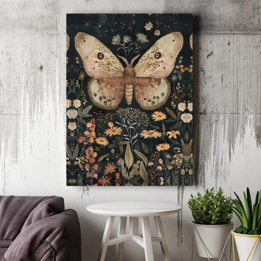 Vintage Moth Canvas Wall Art | Botanical Wildflowers Illustration | Premium Gallery Wrapped Print | Nature Lover Home Decor Gift