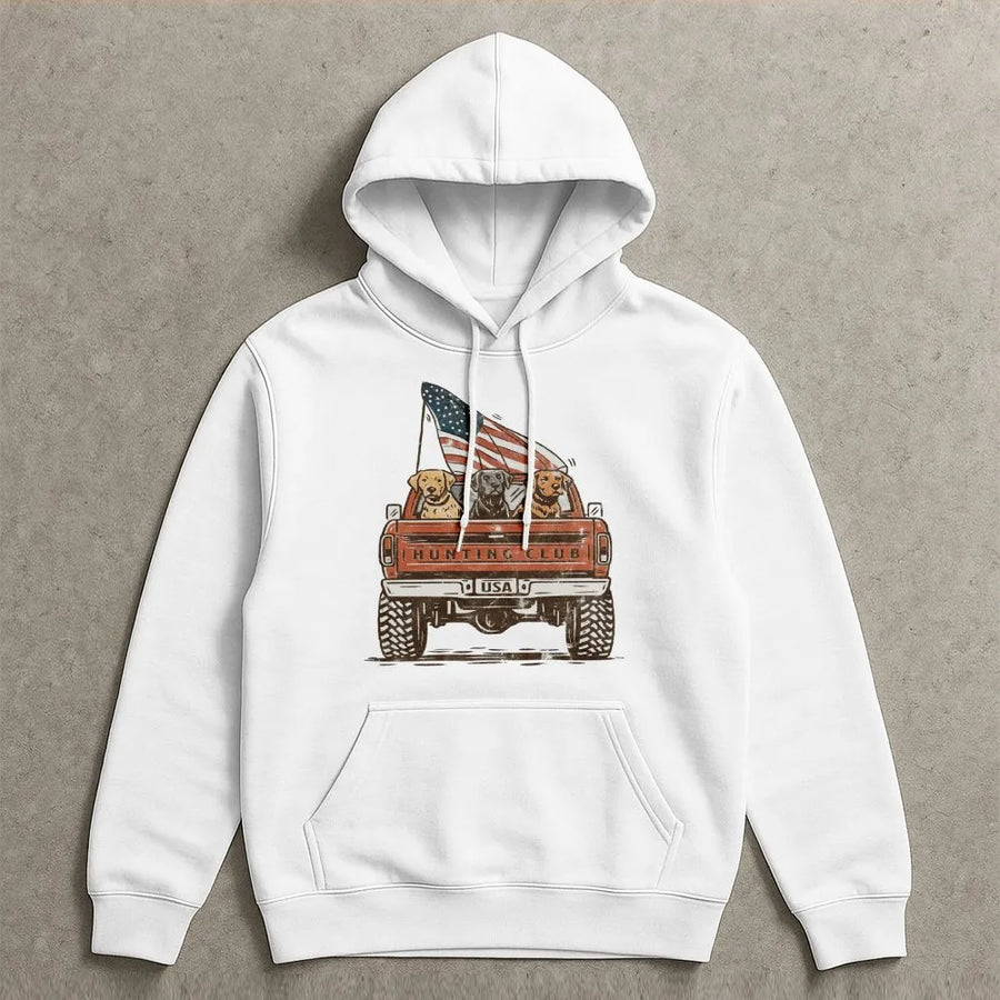 Patriotic Hunting Dogs Hoodie | Vintage Truck with Labradors & US Flag | Soft Cotton Blend | Gift for Hunters and Dog Lovers