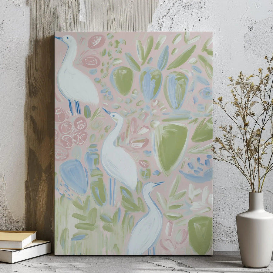 Egret Wall Art Canvas | Abstract Pastel Heron Bird Print | Modern Gallery Wrap Decor | Premium Botanical Home Decor for Living Room