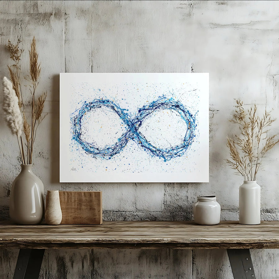 Infinity Symbol Wall Art | Abstract Blue Splatter Paint Canvas Print | Premium 1.25-Inch Gallery Wrap | Modern Home Decor Gift
