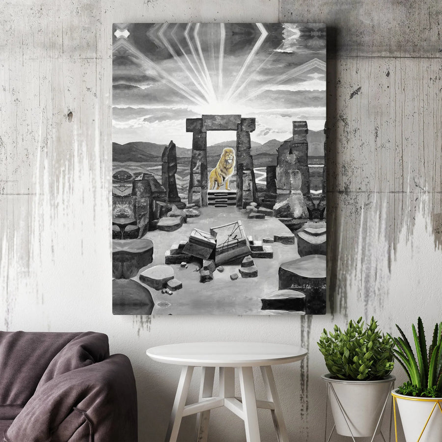 Lion Wall Art Canvas | Majestic Golden Lion in Stone Ruins | Premium Gallery Wrapped Print | Spiritual Home Decor Gift