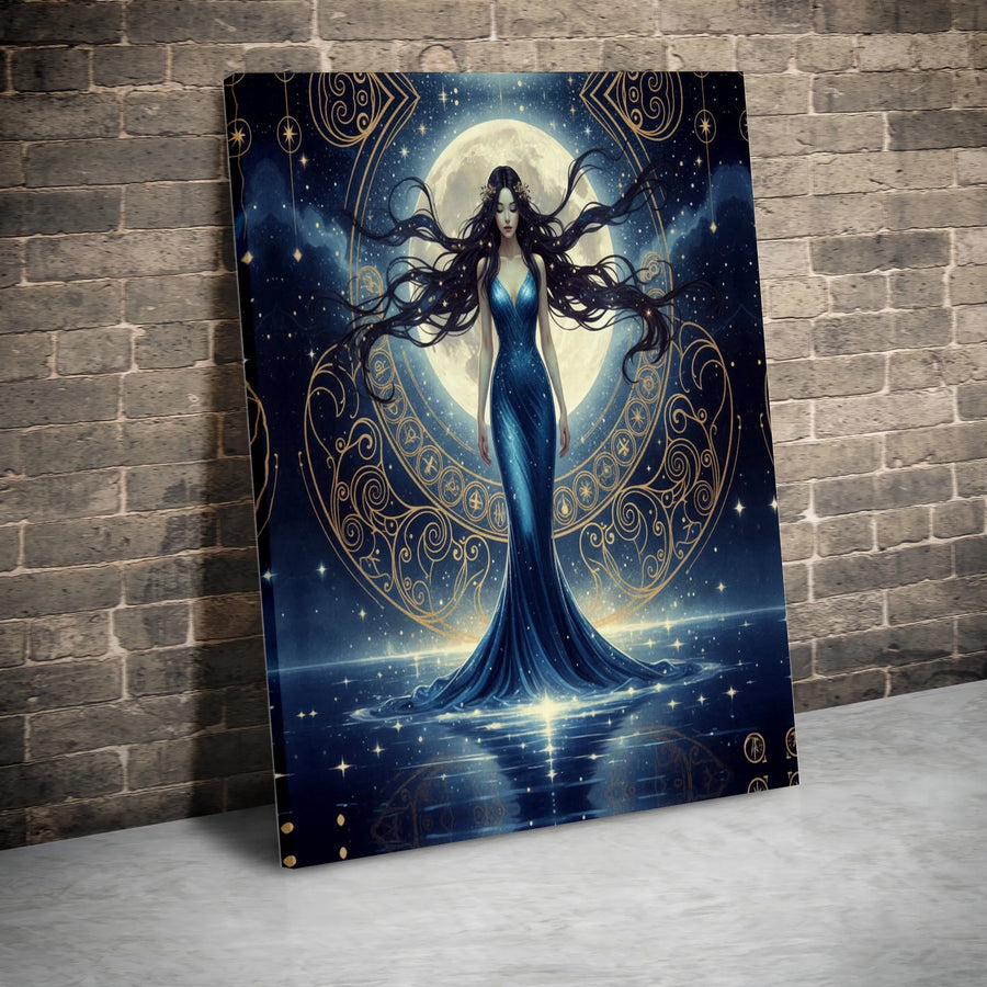 Moon Goddess Canvas Wall Art | Ethereal Night Sky with Gold Accents | Premium Gallery Wrapped Canvas | Spiritual Fantasy Decor Gift