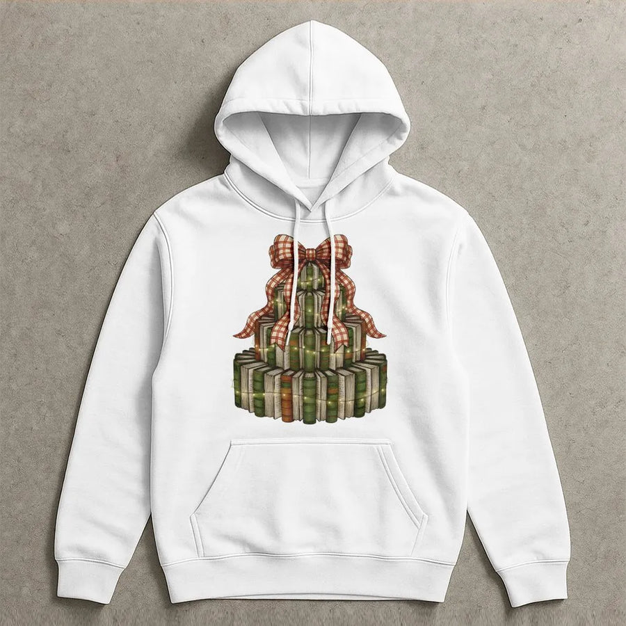 Christmas Book Tree Hoodie | Festive Library Stack Graphic | Premium Cotton Blend Cozy Sweatshirt | Gift for Librarian Teacher Reader