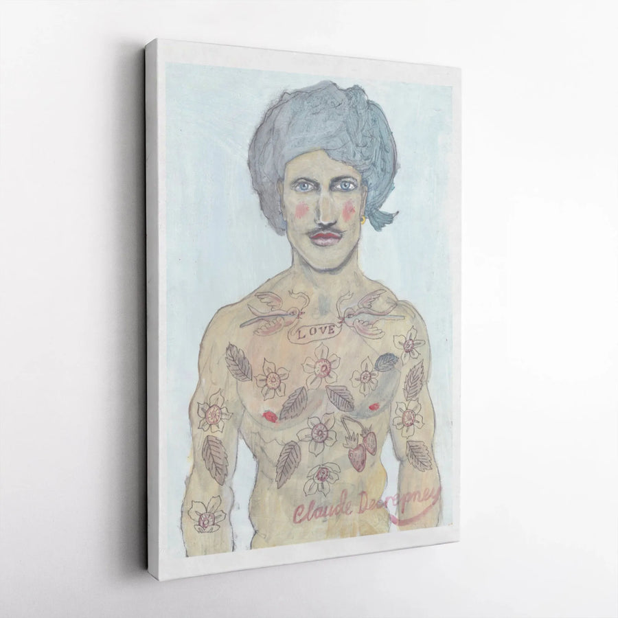 Tattooed Man Portrait Canvas Print | Floral Bohemian Wall Art | Premium Gallery Wrapped Decor | Quirky Eclectic Home Gift