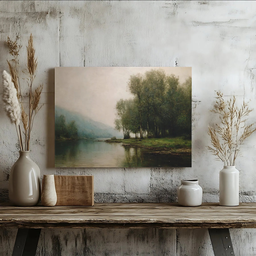 Vintage Landscape Canvas Art | Moody River & Forest Scene Print | Premium Gallery Wrapped Wall Decor | Farmhouse Living Room Gift