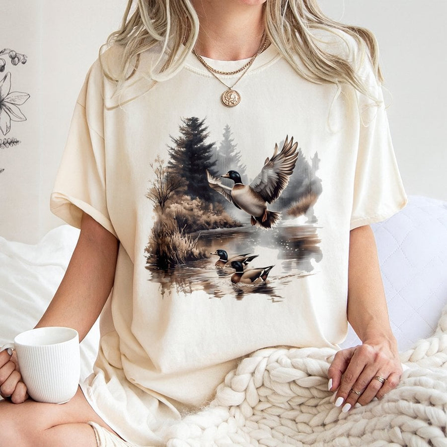 Mallard Duck T-Shirt | Vintage Wildlife Pond Scene Graphic | 100% Cotton Premium Tee | Nature Lover Gift for Outdoorsmen & Bird Watchers