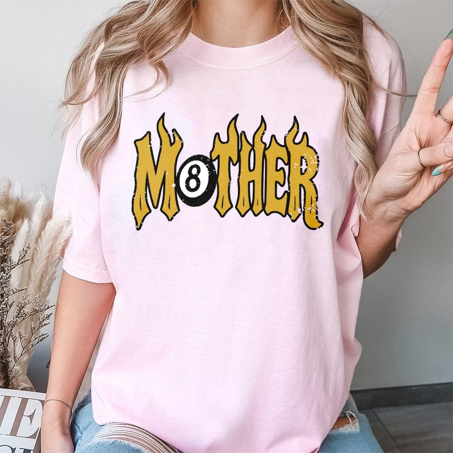 Mother 8 Ball T-Shirt | Retro Flame Typography Graphic Tee | 100% Cotton Premium Quality | Edgy Grunge Gift for Cool Moms and Lucky Mamas
