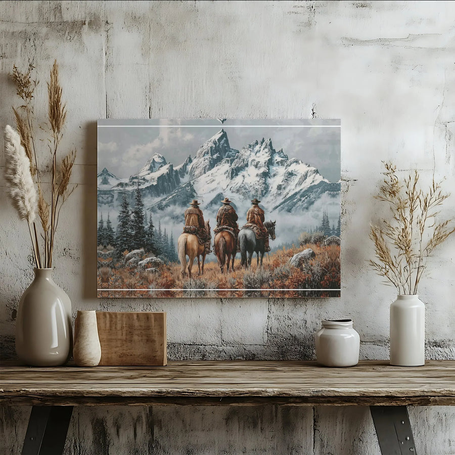 Western Cowboy Canvas Art | Three Riders in Snow-Capped Mountains | Premium Gallery Wrap | Rustic Lodge & Ranch Home Decor Wall Art