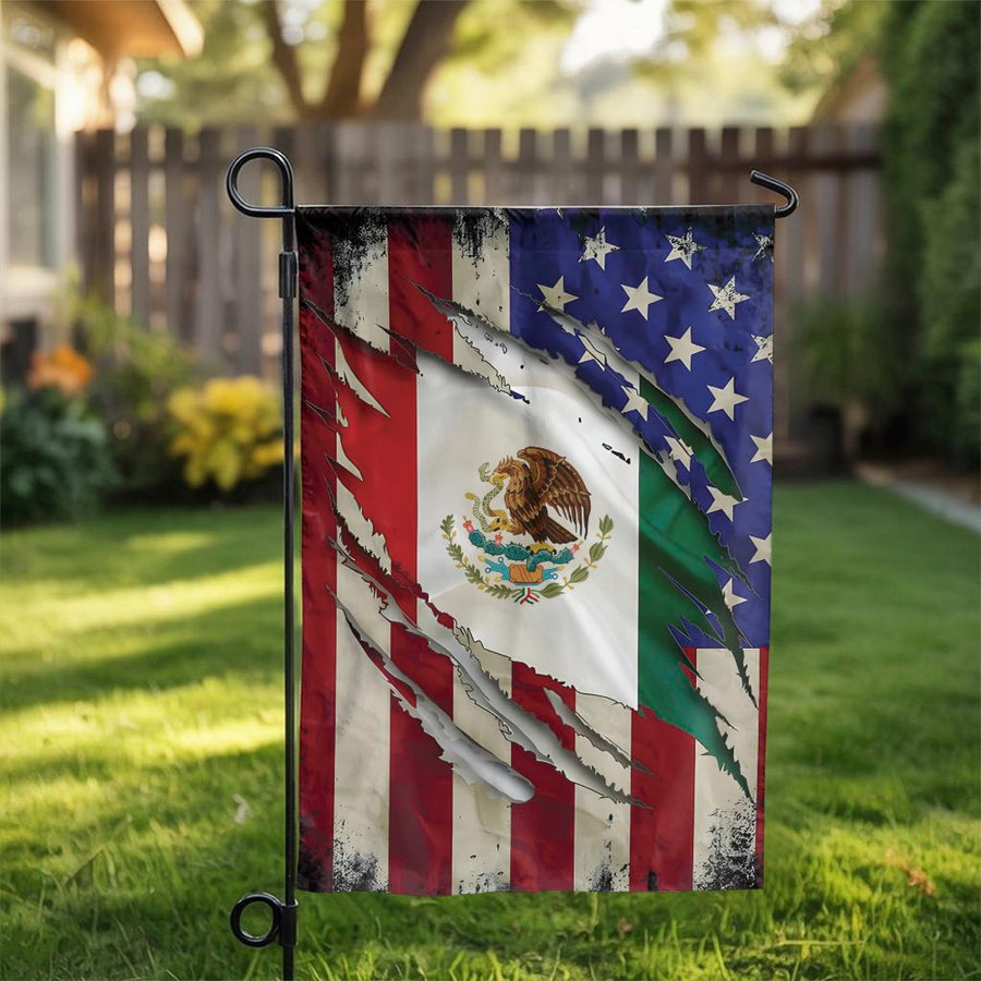 Mexican American Garden Flag | Ripped Dual Heritage Flag Design | Durable Premium Polyester | Patriotic Home Decor Gift for Yard Patio