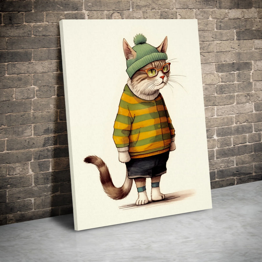 Hipster Cat Vertical Canvas | Illustrated Kitty in Beanie & Glasses Art | Premium Gallery Wrap Print | Modern Nursery Decor Gift for Cat Lover
