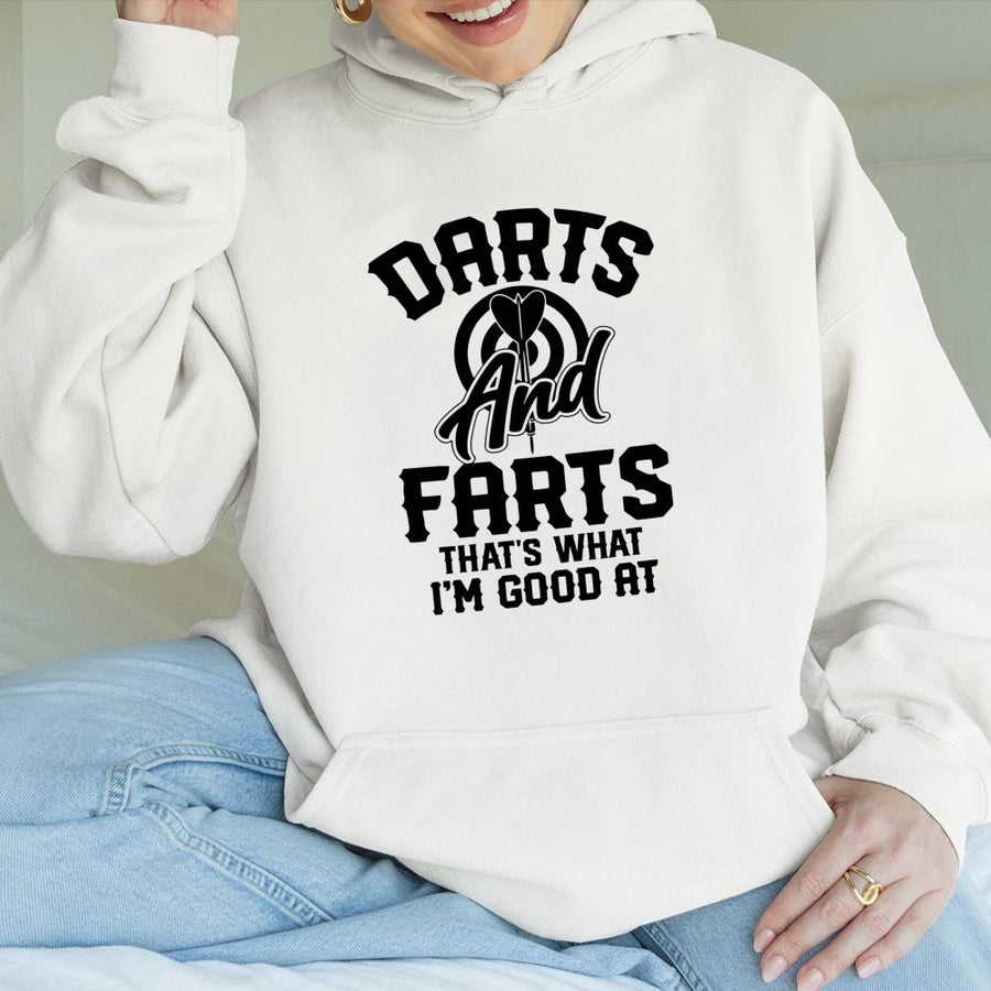Darts And Farts Funny Hoodie | Sarcastic Darts Player Graphic Design | Premium Cotton Blend Sweatshirt | Great Gift Idea For Darts Dad Or Team
