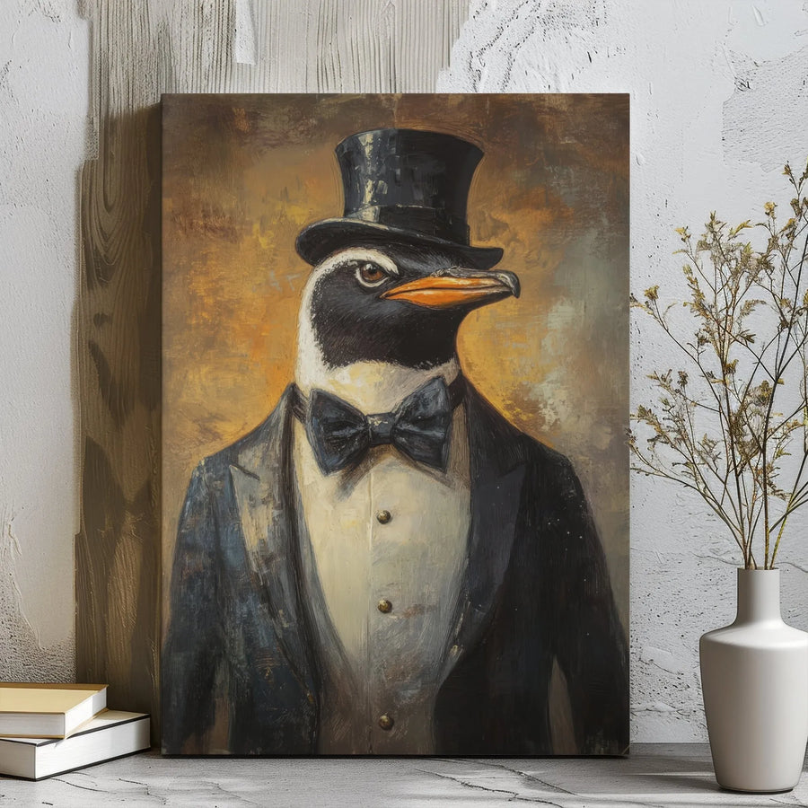 Penguin Wall Art | Dapper Tuxedo Portrait | Gallery Wrapped Canvas | Whimsical Animal Home Decor Gift