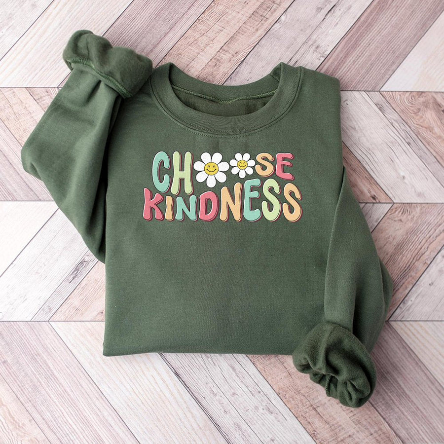 Choose Kindness Sweatshirt | Retro Smiley Face Floral Graphic | Premium Cotton Blend | Inspirational Teacher Gift Back To School Crewneck