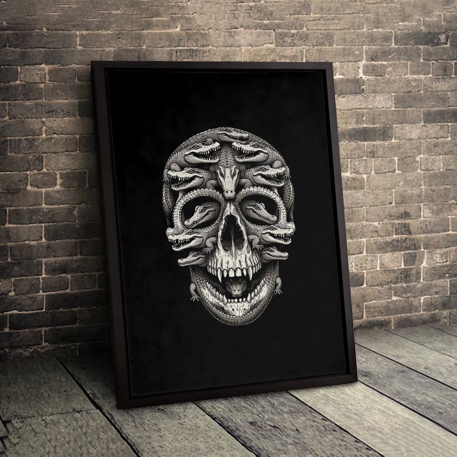 Alligator Skull Canvas Wall Art | Surreal Reptile Illustration | Gallery-Quality Fade-Resistant Print | Gothic Home Decor Gift for Him