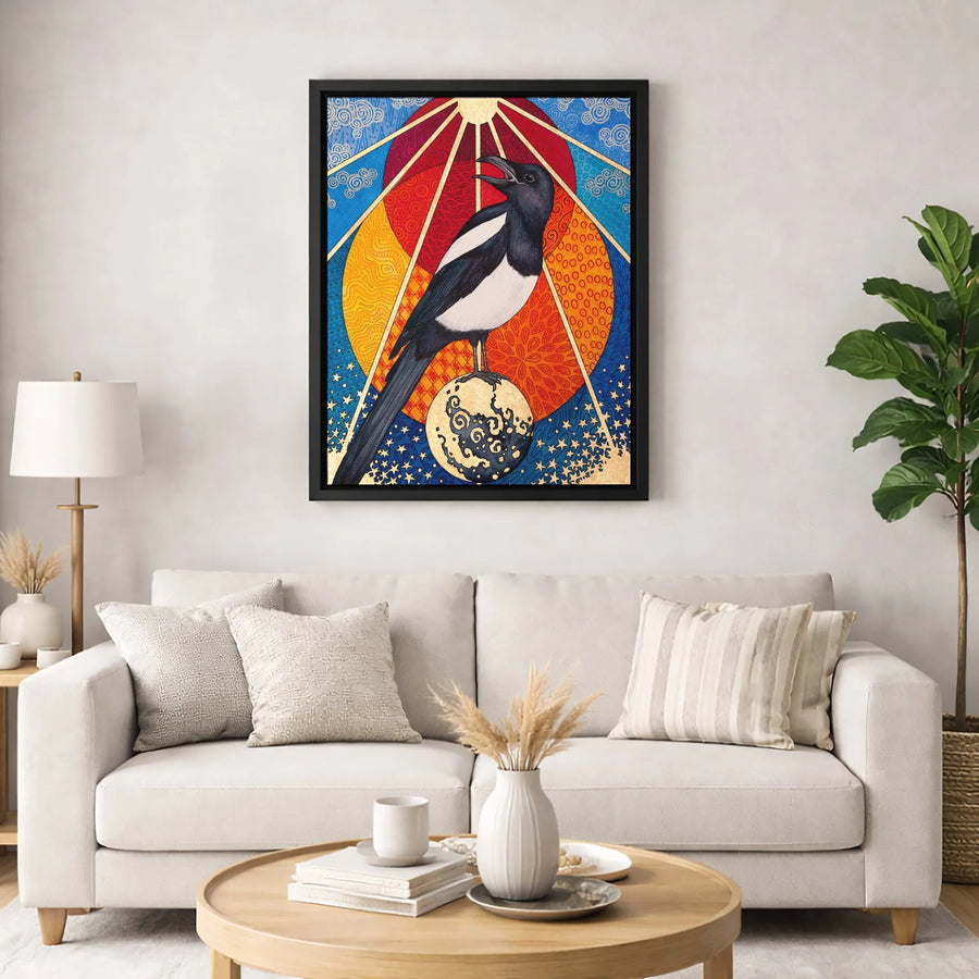 Celestial Magpie Wall Art | Mystical Bird with Sunburst and Moon Print | Gallery Quality 1.25-Inch Thick Canvas | Unique Home Decor Gift