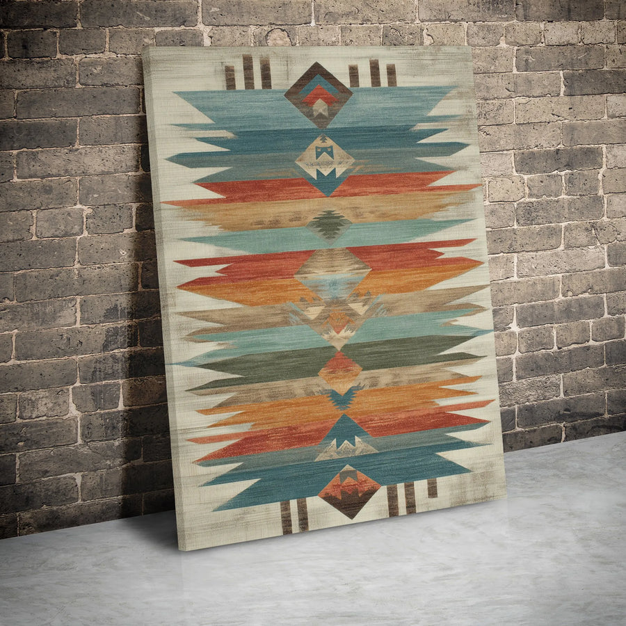 Southwestern Geometric Canvas Wall Art | Earthy Teal and Rust Pattern | Premium Gallery Wrap Print | Modern Boho Home Decor for Living Room