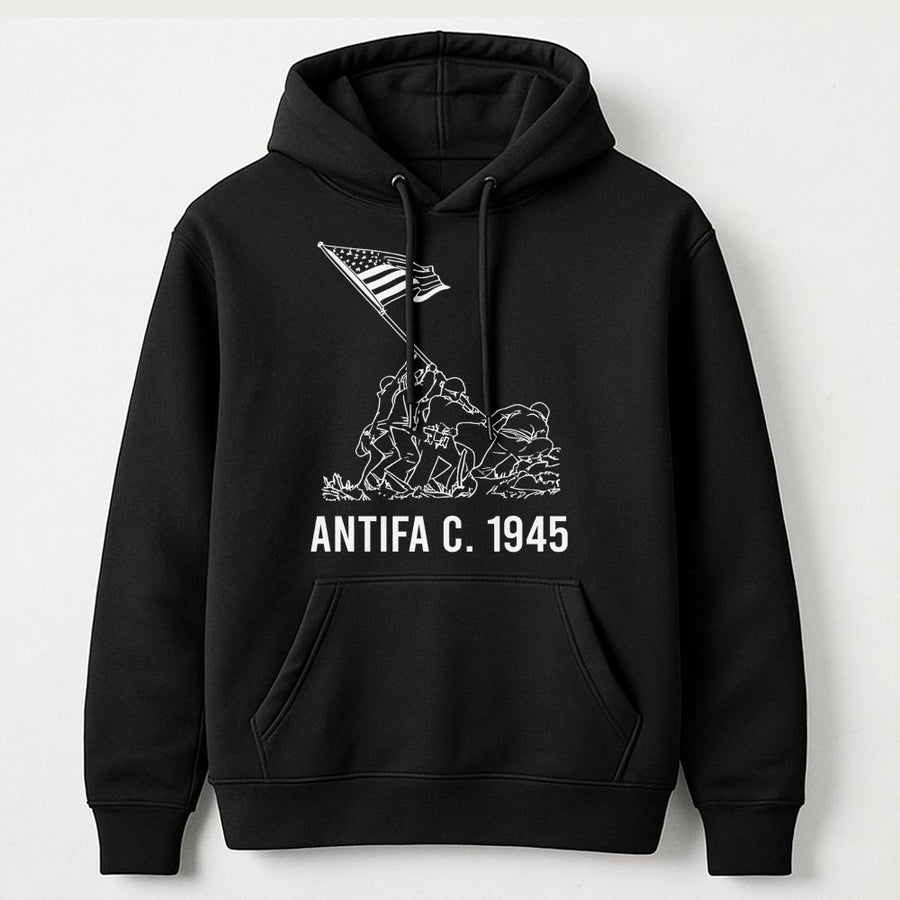 Antifa 1945 Historical Hoodie | Patriotic World War II Graphic | Premium Cotton Blend | Unisex Anti-Fascist Gift For History Buffs