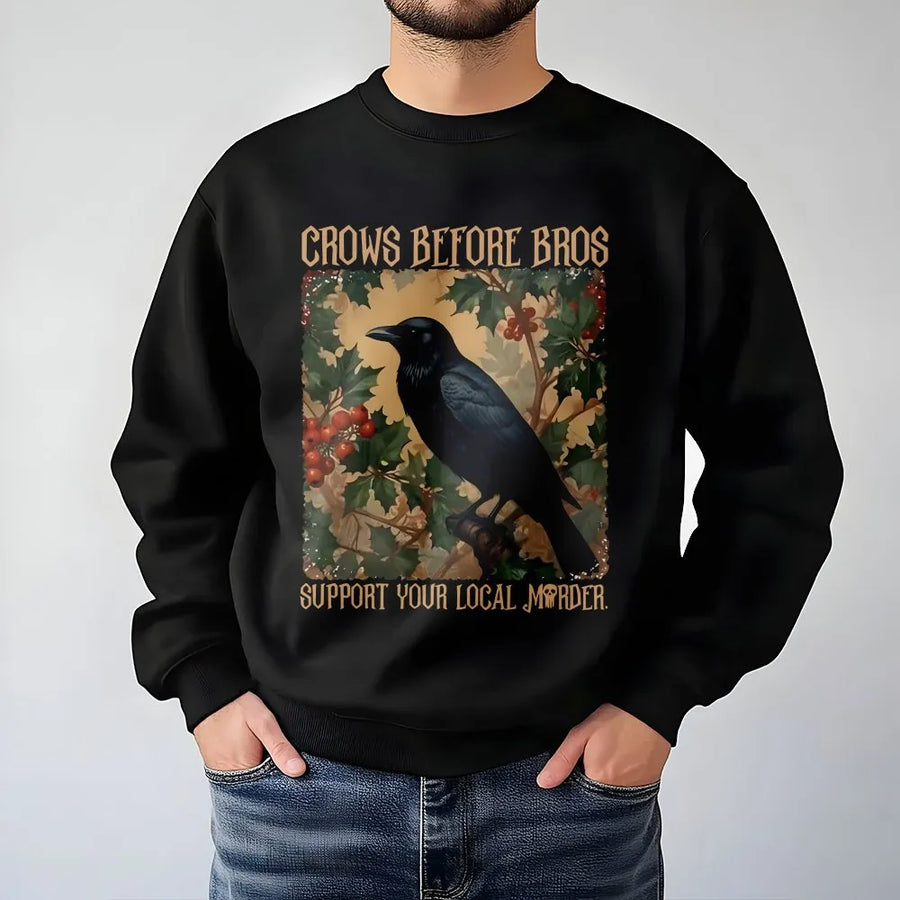 Crows Before Bros Shirt | Funny Feminist Raven Graphic with Holly Branch | Premium Cotton Tee | Gift for Bird Lovers, Witchy Women