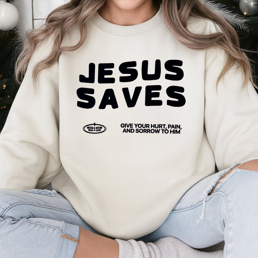 Jesus Saves Sweatshirt | Christian Faith Graphic Crewneck | Premium Cotton Blend Apparel | Inspirational Religious Gift for Men and Women