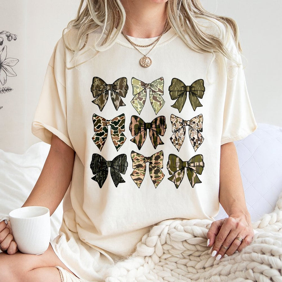 Camo Bow T-Shirt | Coquette Aesthetic Hunting Design | 100% Cotton Premium Tee | Trendy Gift for Women and Country Girls