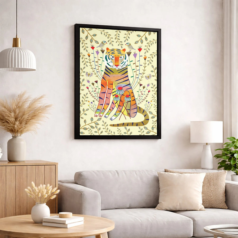 Folk Art Tiger Wall Art | Colorful Botanical Floral Canvas Print | Premium Gallery-Wrapped 1.25" Profile | Whimsical Animal Decor for Home Office
