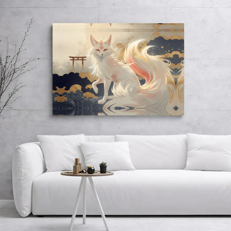 Japanese Kitsune Canvas Wall Art | Mythical Nine-Tailed Fox with Torii Gate | Premium Gallery Wrap Print | Zen Home Decor Gift for Fantasy Lovers
