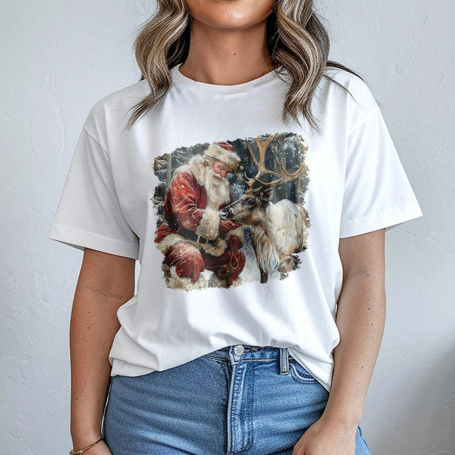 Santa Claus and Reindeer T-Shirt | Realistic Christmas Winter Scene | Premium Soft Cotton Graphic Tee | Holiday Gift for Men and Women